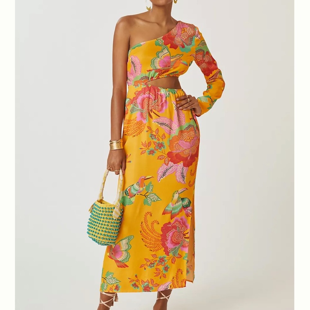 FARM Rio Yellow Floral One-Shoulder Maxi Dress